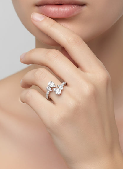 Twin Heart Shine Ring Pure 92.5 Silver with Zirconia Diamond