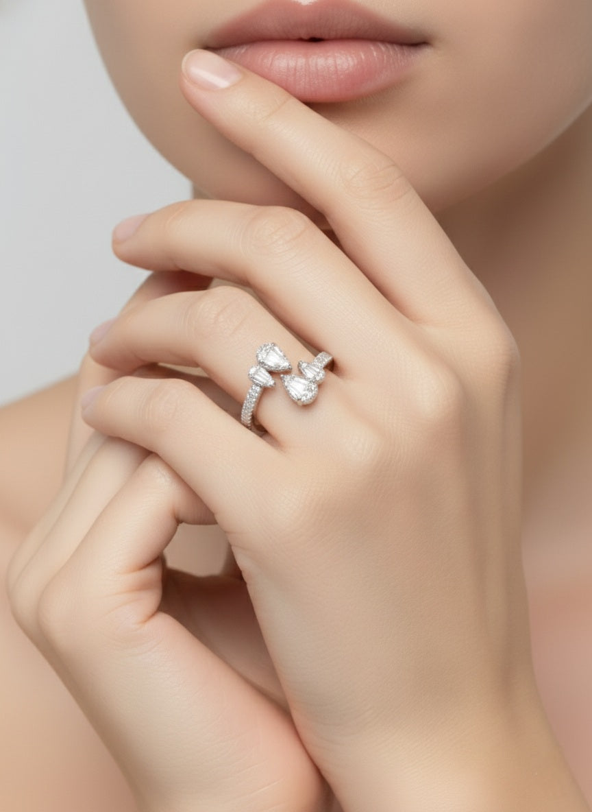 Twin Heart Shine Ring Pure 92.5 Silver with Zirconia Diamond