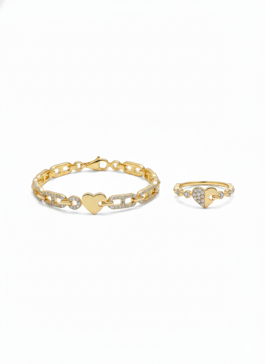 Golden Heart Link Set with 18k Gold Plated Zirconia Diamond.