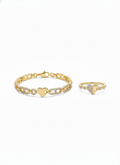 Golden Heart Link Set with 18k Gold Plated Zirconia Diamond.