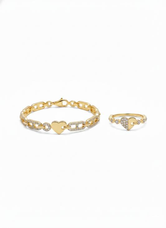 Golden Heart Link Set with 18k Gold Plated Zirconia Diamond.