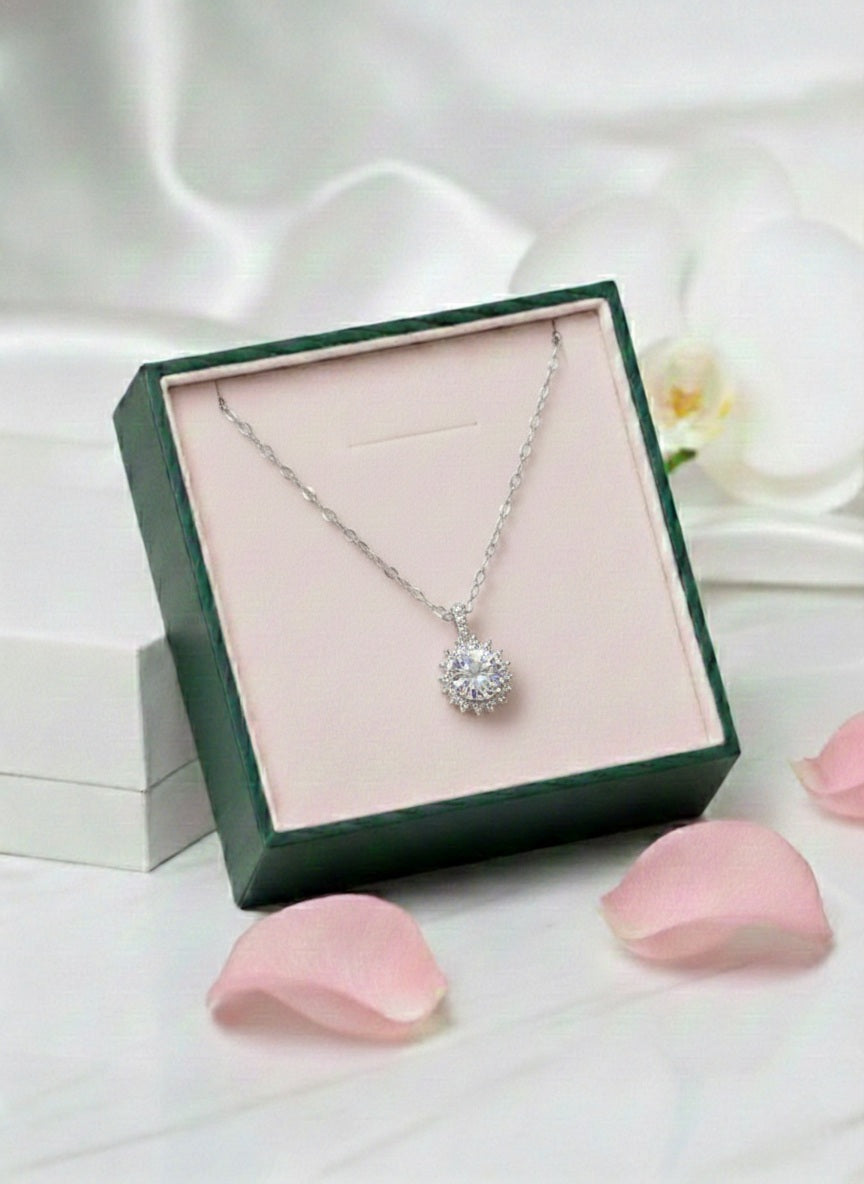 Floral Sunburst Necklace Pure Silver with Zirconia Diamond