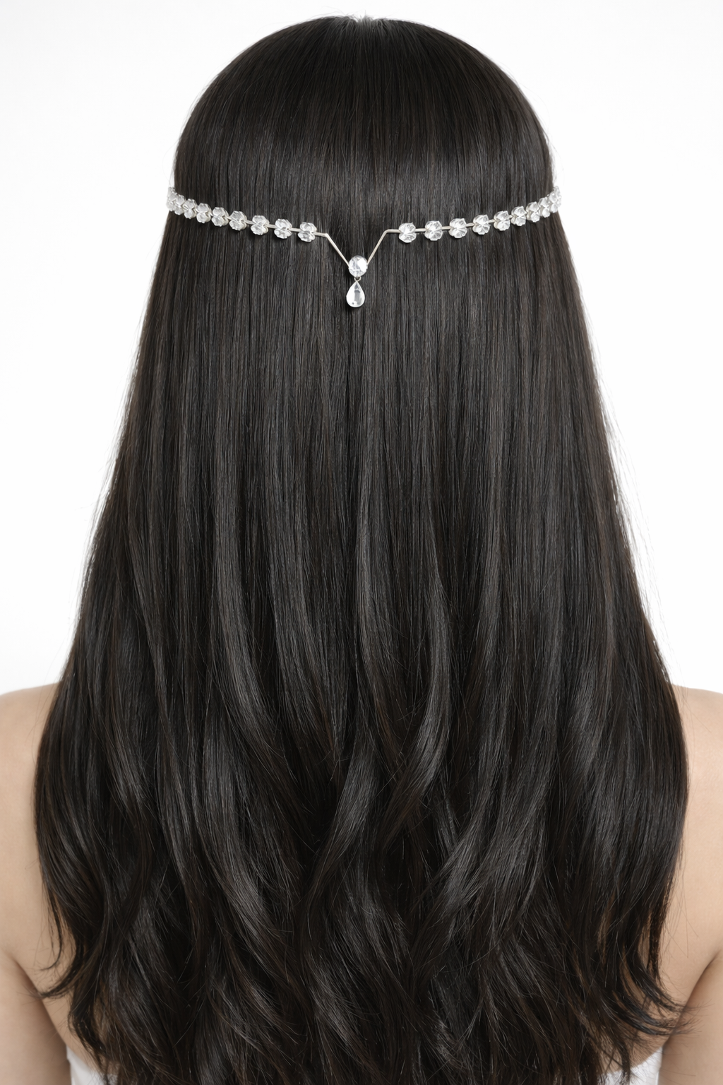 Silver Rhodium Plated Crystal Hair Crown with Teardrop Pendant