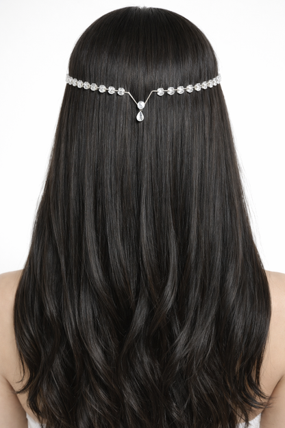 Silver Rhodium Plated Crystal Hair Crown with Teardrop Pendant