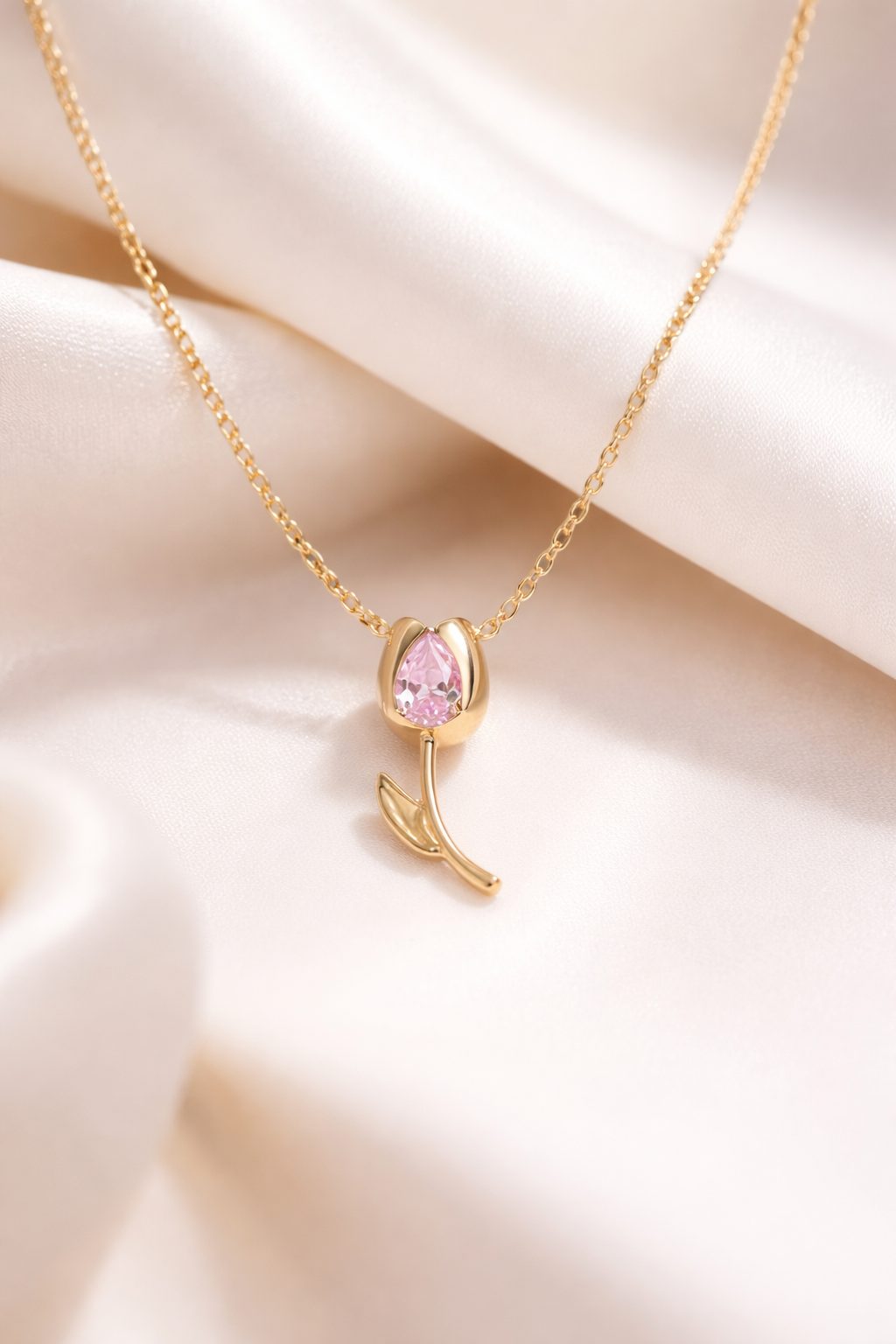 Pink Tulip Blossom Gold Necklace