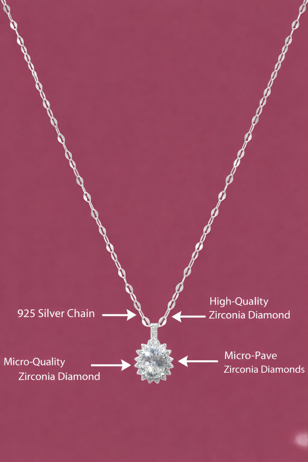 Floral Sunburst Necklace Pure Silver with Zirconia Diamond