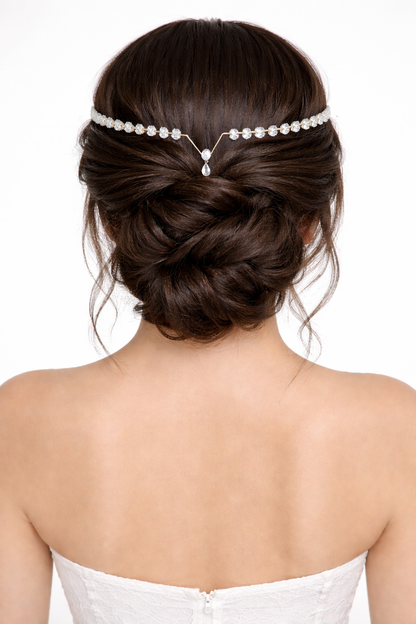 Silver Rhodium Plated Crystal Hair Crown with Teardrop Pendant