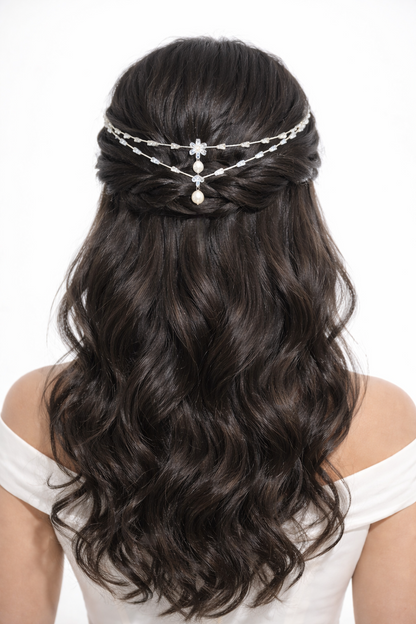 Double Strand Crystal Hair Crown with Cascading Pendants