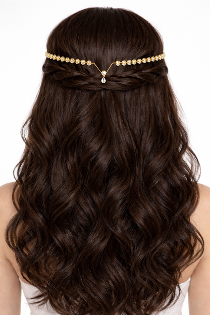 Pearl Crystal Chain Hair Crown with Teardrop Pendant