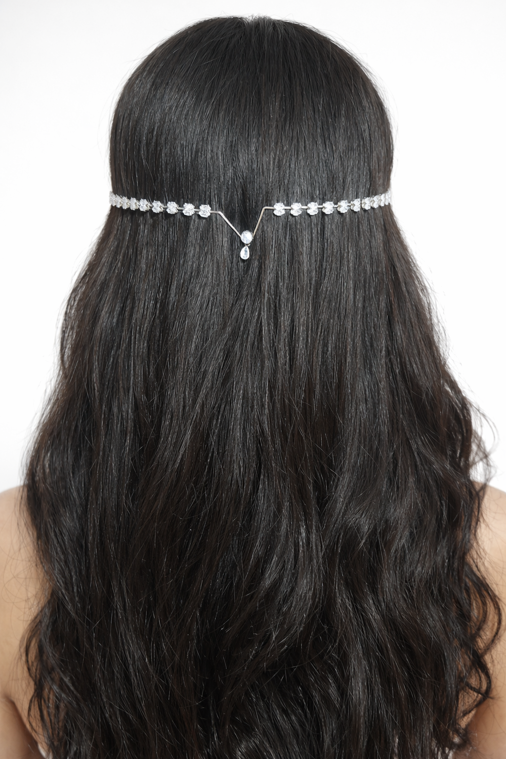 Silver Rhodium Plated Crystal Hair Crown with Teardrop Pendant