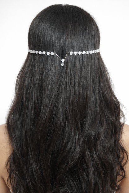 Silver Rhodium Plated Crystal Hair Crown with Teardrop Pendant