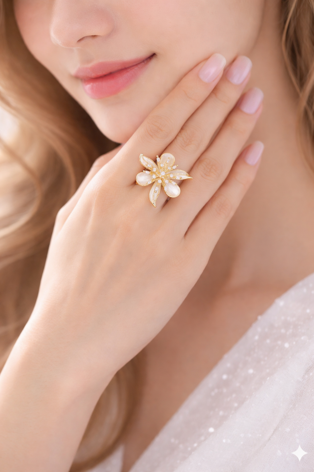 Ivory Petal Pearl Cluster Gold Ring