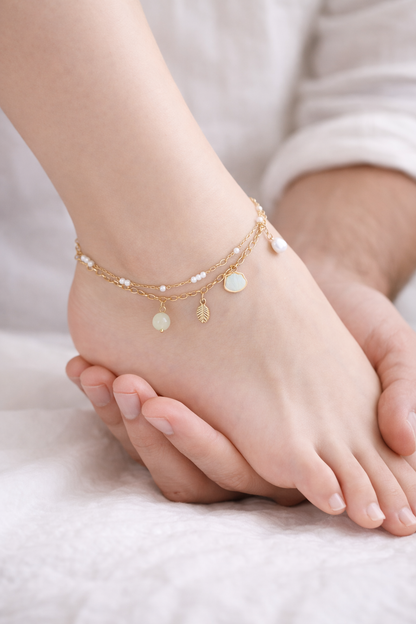 Delicate Gold Chain Anklet with Pearl and Leaf Charms