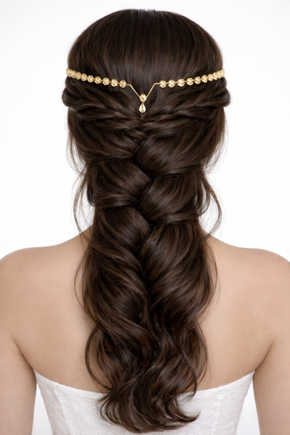 Pearl Crystal Chain Hair Crown with Teardrop Pendant