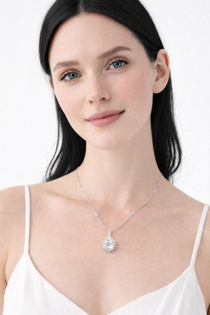 Floral Sunburst Necklace Pure Silver with Zirconia Diamond