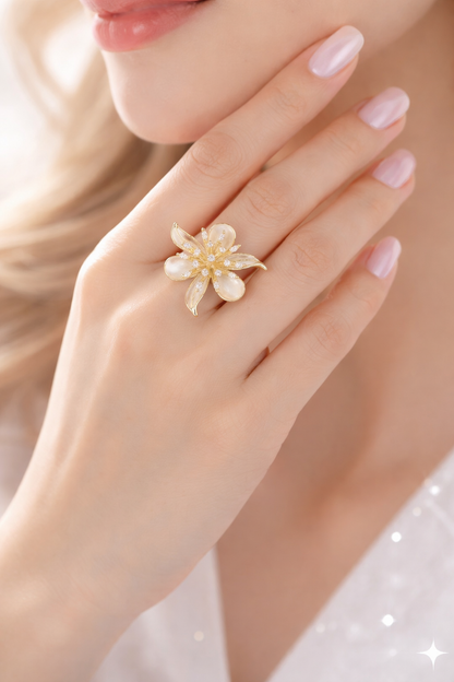 Ivory Petal Pearl Cluster Gold Ring