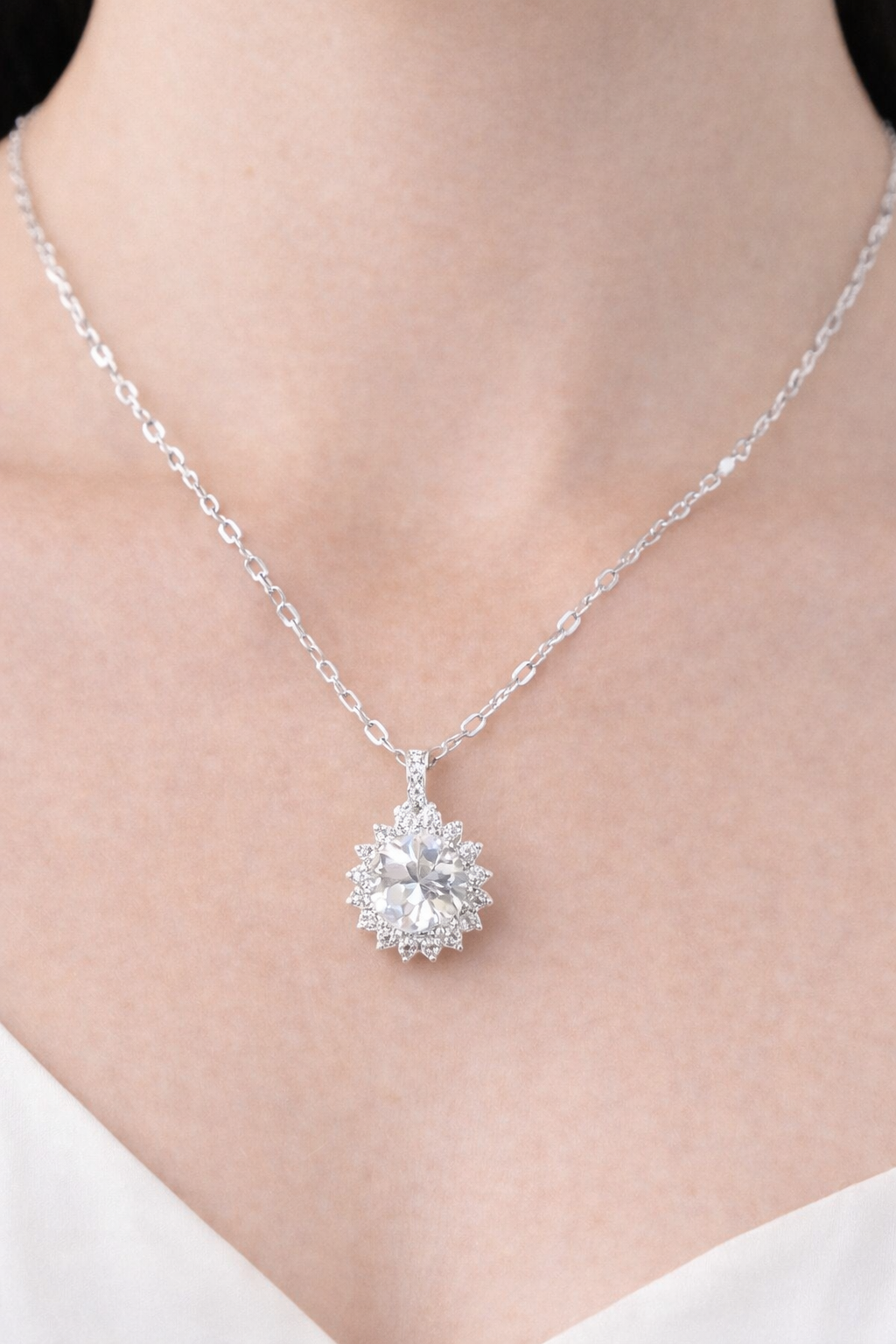 Floral Sunburst Necklace Pure Silver with Zirconia Diamond