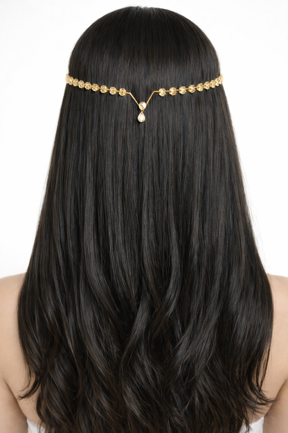 Pearl Crystal Chain Hair Crown with Teardrop Pendant