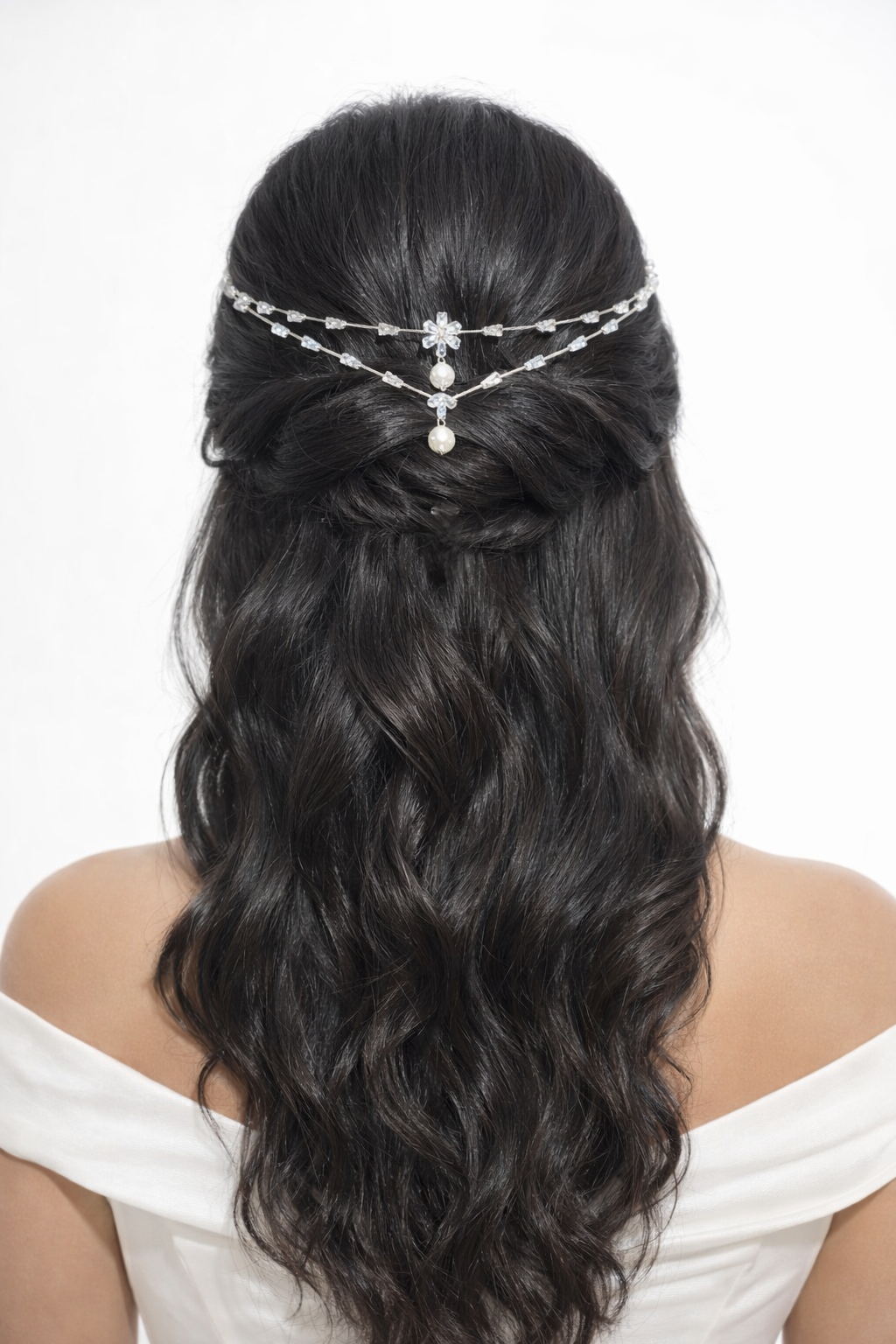 Double Strand Crystal Hair Crown with Cascading Pendants