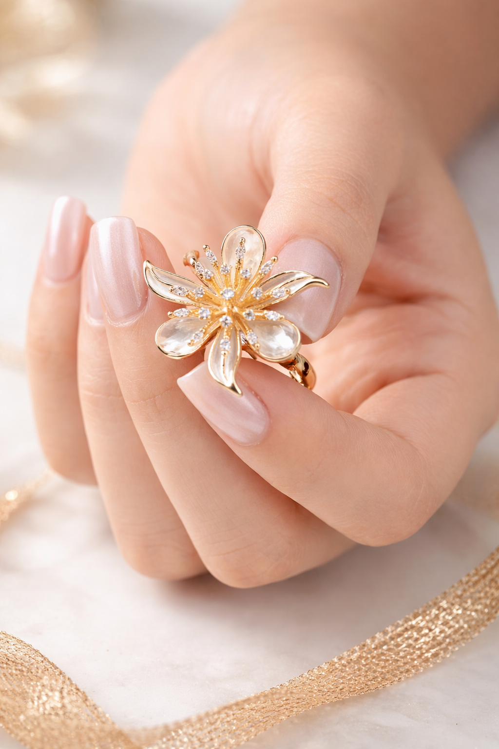 Ivory Petal Pearl Cluster Gold Ring