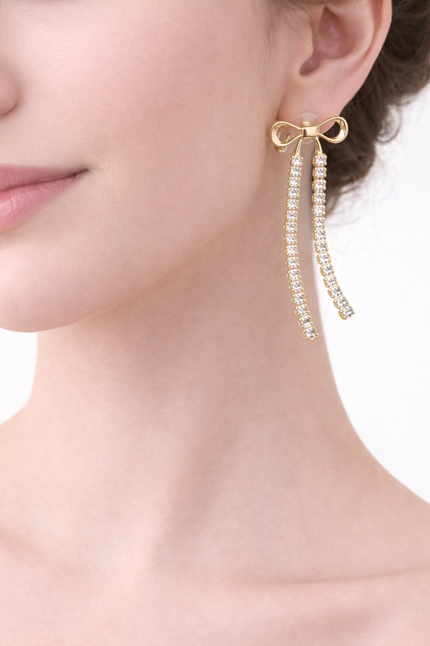 Crystal Ribbon Drop Earrings 18K Gold Plated.